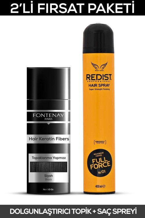 Saç Dolgunlaştırıcı Keratin Fibers Siyah Topik Saç Tozu 50gr + Saç Spreyi 400ml 2'li Set