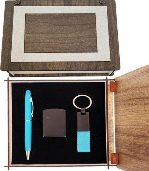 Özel Ahşap Kutulu Mavi Kalem Anahtarlık Ve Çakmak Set