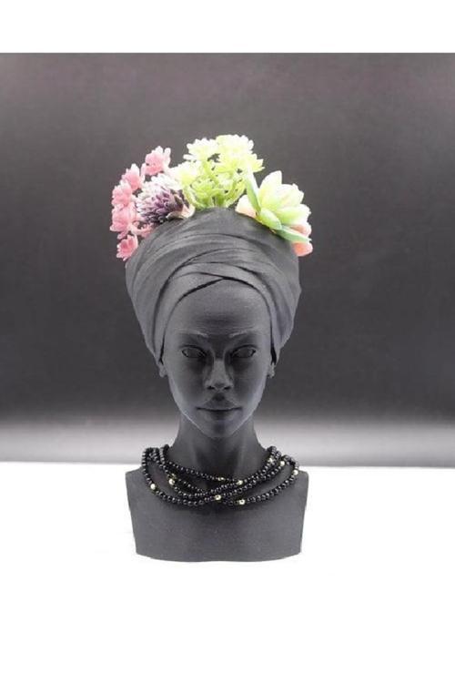 El Yapımı Canlı Renklerde Siyahi Kadın Taş Saksı Vazo Büyük Boy