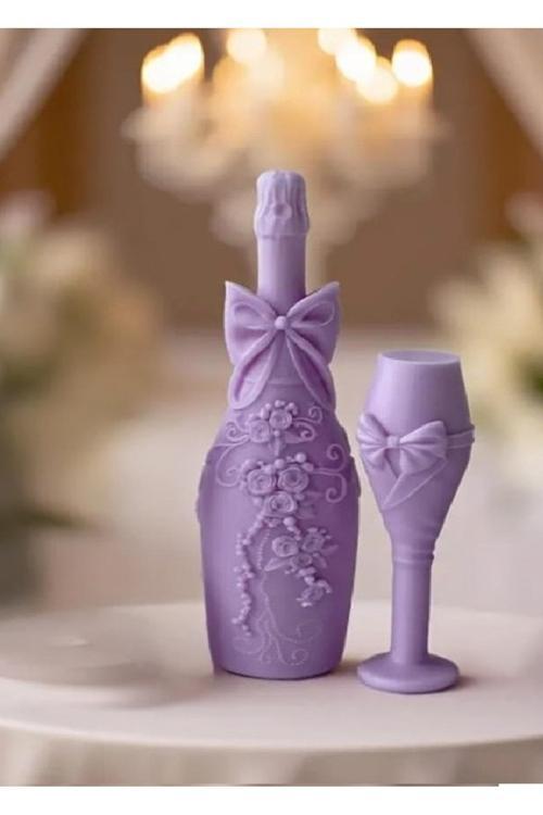 2'Li Büyük Boy Şarap Şişesi Ve Kadeh Mum Seti 15 Cm 20 Cm