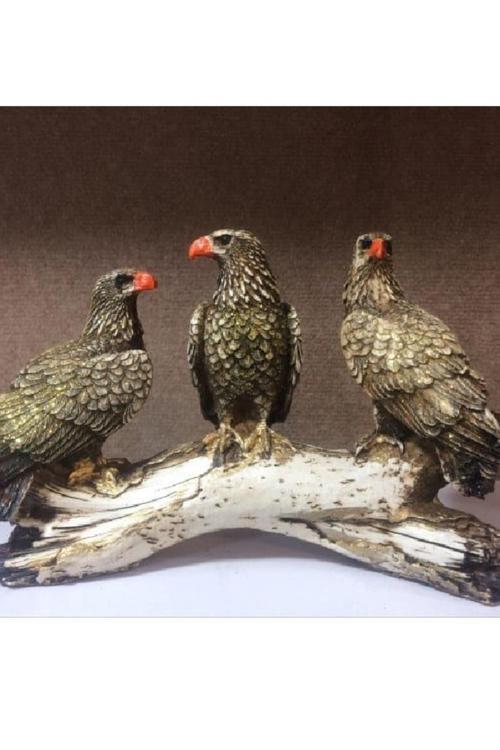 Kütük Üzerinde 3 Kartal Biblosu Dekoratif Büyük Boy Polyester Biblo 30 Cm