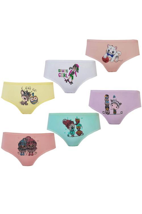 6lı Kız Çocuk Külot Renkli Desenli Baskılı Slip İç Çamaşır