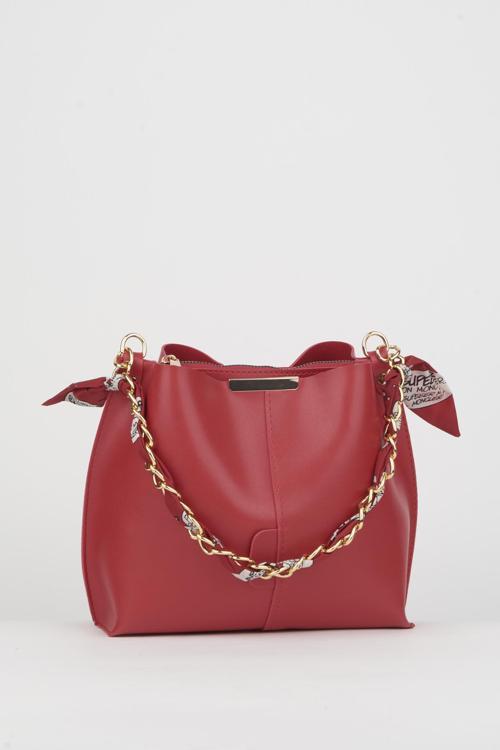 Kadın Tavus Kırmızı Fularlı Zincir Aksesuarlı Yumuşak Deri 3 Bölmeli El Kol Ve Omuz Çantası