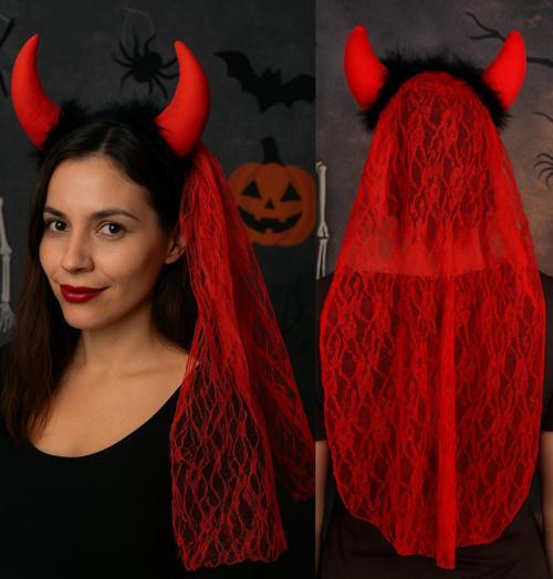 Cadılar Bayramı Kırmızı Şeytan Boynuzlu Duvaklı Taç Halloween Parti Aksesuarı