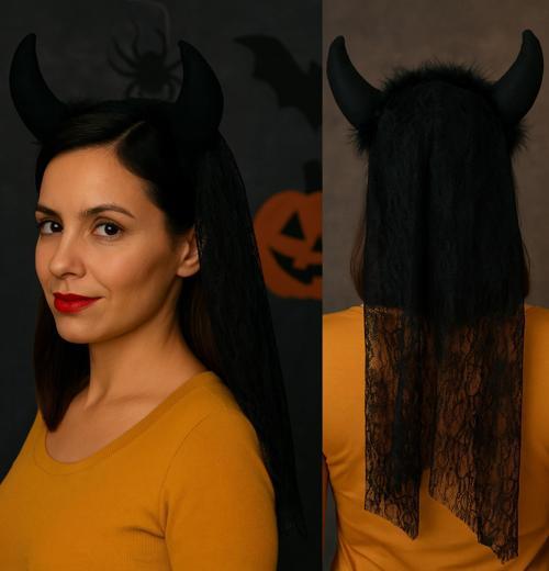 Cadılar Bayramı Siyah Şeytan Boynuzlu Duvaklı Taç Halloween Parti Aksesuarı