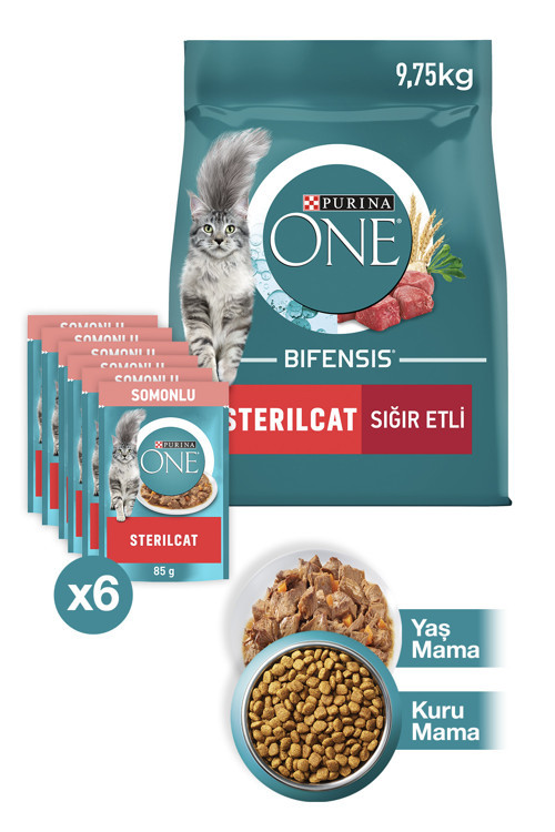 PURINA ONE Sterilcat Sığır Eti Buğday Kısır Kedi Maması 9.75kg + Somonlu Yaş Kısır Kedi Maması 6x85g