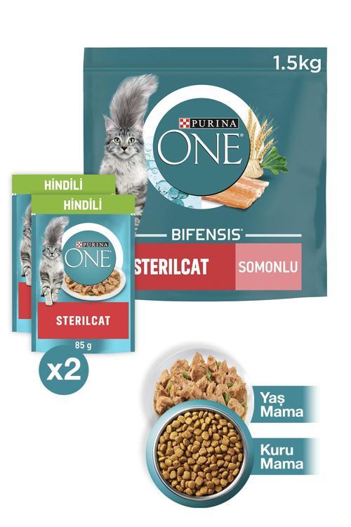 PURINA ONE Sterilcat Somon & Buğdaylı Kısır Kedi Maması 1.5kg + Hindili Yaş Kısır Kedi Maması 2x85g