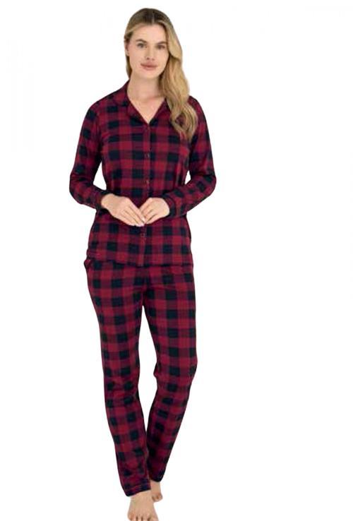 Kadın Kareli Önden Düğmeli Mürdüm Kışlık Pijama 9205