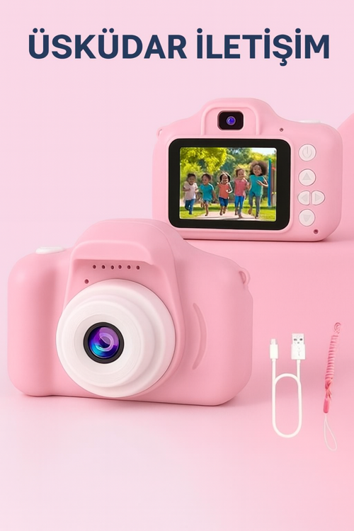 Çocuk Fotoğraf Makinesi – HD Ekranlı, Şarjlı, Hediye Kablo ve Askı Dahil Hediye Setli Pembe