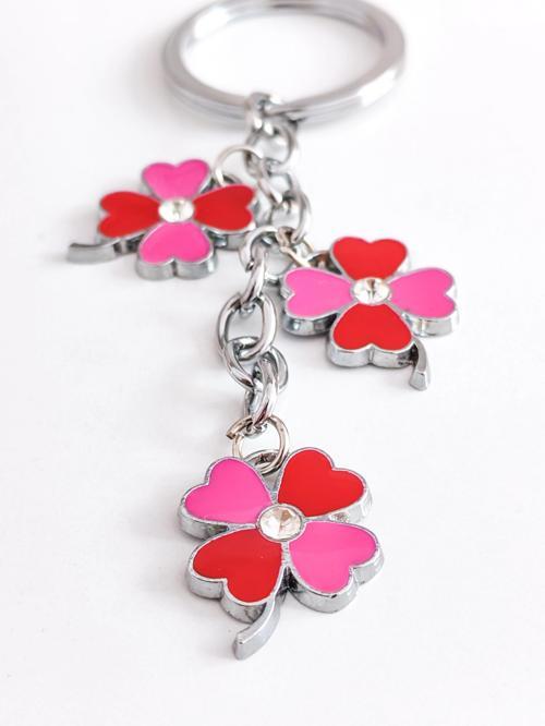 Kırmızı Pembe Renkli 4 Yapraklı Yonca Metal Anahtarlık