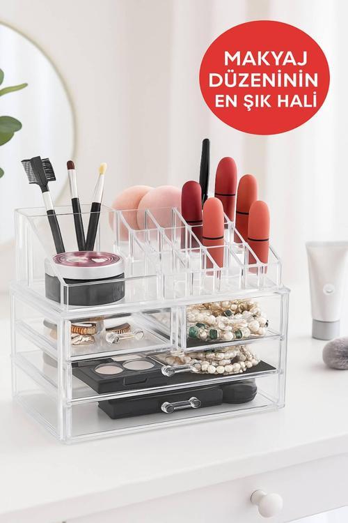 Şeffaf Akrilik Makyaj ve Takı Organizeri – 3 Katlı Çekmeceli Düzenleyici, Kompakt ve Dayanıklı