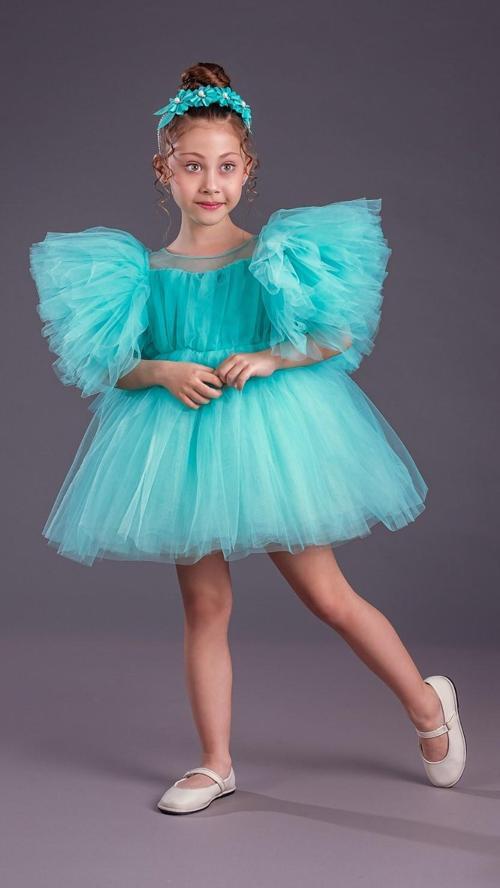 Tütü Etekli Kabarık Kollu Komotini Taçlı Kız Çocuk Abiye Elbise MNK0582 YEŞİL