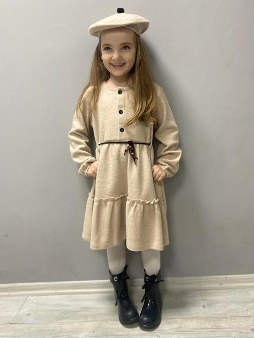 Kaşe Kumaş Şapkalı Kız Çocuk Elbise MNK0559 BEJ