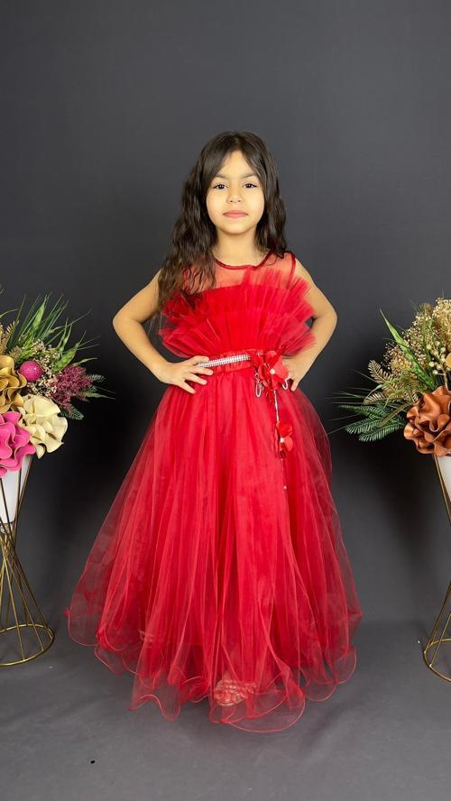 Kız Çocuk Robası Katlı Özel Gün Abiye Elbise MNK0475 KIRMIZI