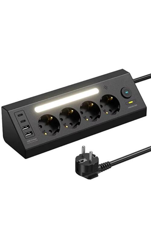 Lp764 Çoklu Gece Lambalı Priz Yüksek Gerilim Korumalı 4’lü Priz 2xusb 2xtype-c Çıkışlı Grup Priz Çoğ