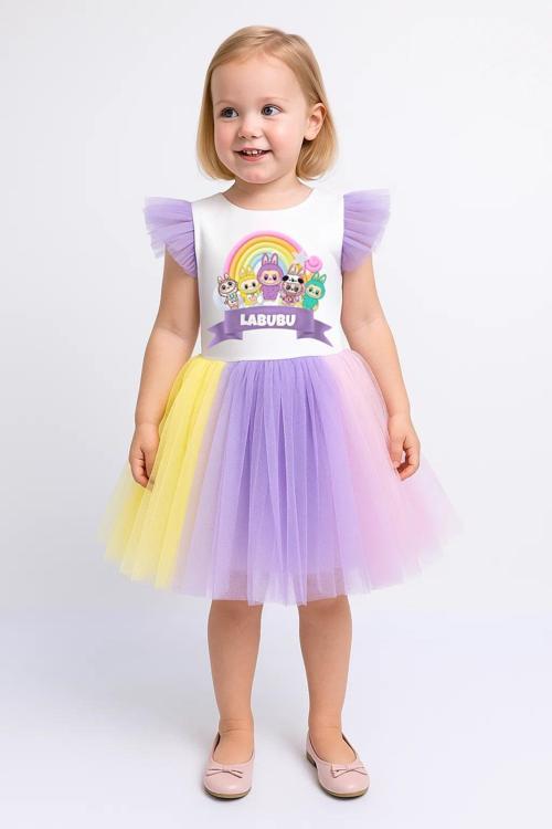 Rengarenk Etekli Kız Çocuk Parti Elbisesi LİLA