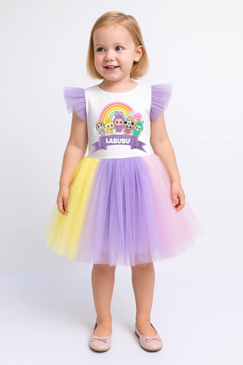 Rengarenk Etekli Kız Çocuk Parti Elbisesi LİLA