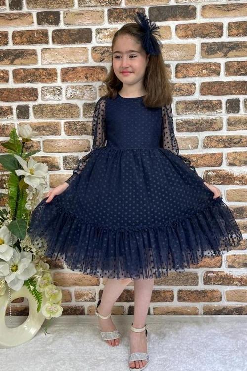 Katkat Prenses Dantel Tokalı Kız Çocuk Elbise MNK0306 LACİVERT