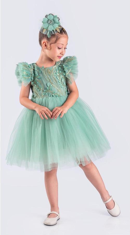 Kız Çocuk Nakışlı Tütü Etek Elbise MNK0578 YEŞİL