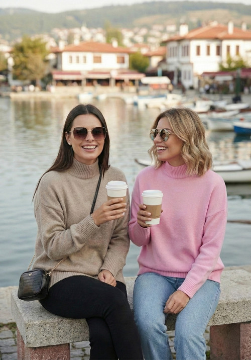 Oversize Fit Balıkçı Yaka Yumuşak Dokulu 2'li Paket Triko Bayan Kazak 680KZ00469S2 Vizon-Şeker Pembe