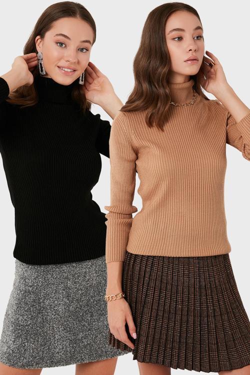 Fitilli Regular Fit Balıkçı Yaka Soft Akrilik 2'li Paket Bayan Kazak 4614102S2 Camel-Siyah