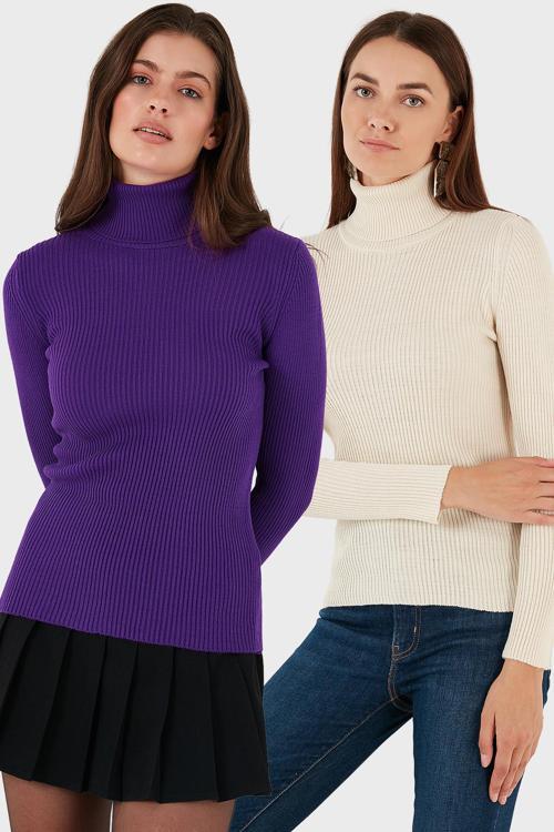 Fitilli Regular Fit Balıkçı Yaka Soft Akrilik 2'li Paket Bayan Kazak 4614102S2 Krem-Mor