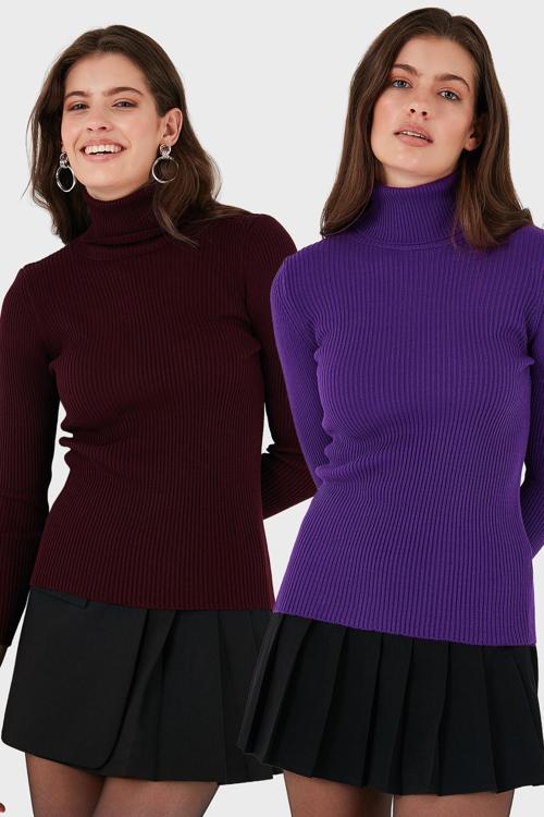 Fitilli Regular Fit Balıkçı Yaka Soft Akrilik 2'li Paket Bayan Kazak 4614102S2 Bordo-Mor