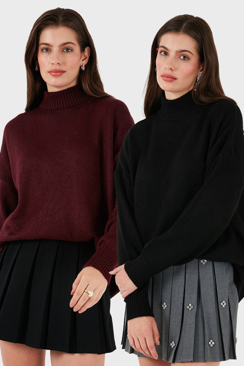 Oversize Fit Balıkçı Yaka Yumuşak Dokulu 2'li Paket Triko Bayan Kazak 680KZ00469S2 BORDO-SİYAH