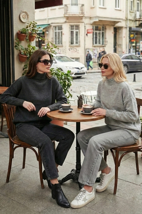Oversize Fit Balıkçı Yaka Yumuşak Dokulu 2'li Paket Triko Bayan Kazak 680KZ00469S2 Antrasit-Açık Gri