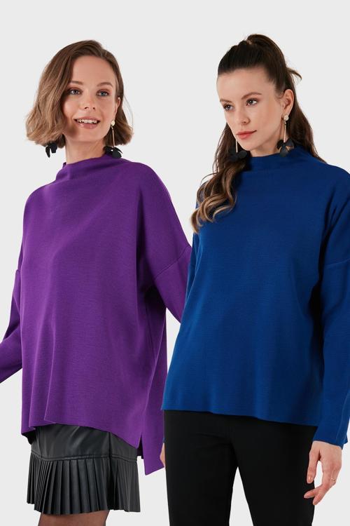 Pamuklu Arkası Uzun Dik Yaka 2'li Paket Triko Bayan Kazak 4615002S2 Mürekkep-Mor