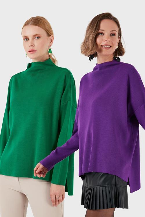 Pamuklu Arkası Uzun Dik Yaka 2'li Paket Triko Bayan Kazak 4615002S2 Benetton-Mor