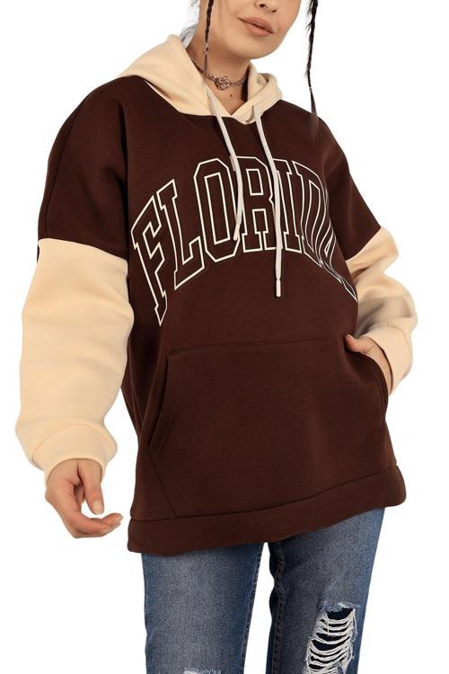 Kadın Sweatshirt Kapüşonlu Baskılı Üç Iplik