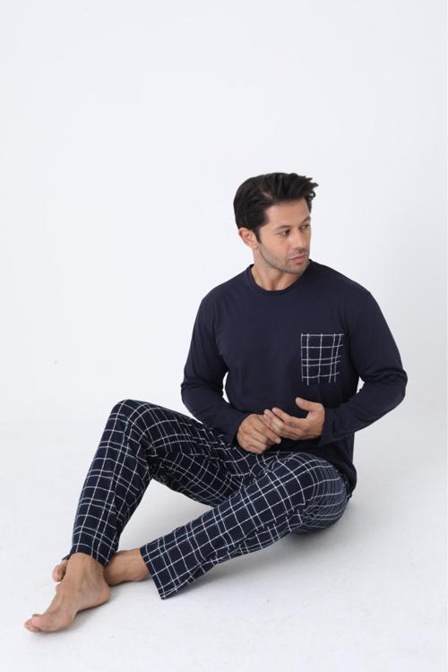 Erkek Pijama Takımı Büyük Beden Battal Uzun Kol Ekose Pamuklu Mevsimlik