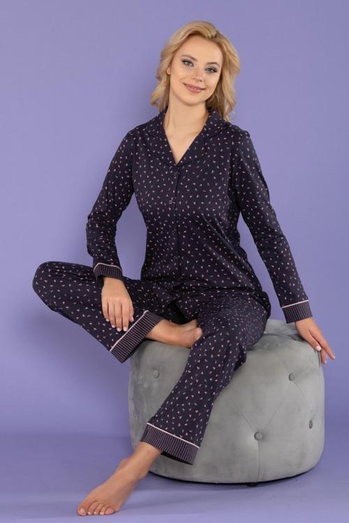 Kadın Pijama Takımı Uzun Kol Penye Önden Düğmeli