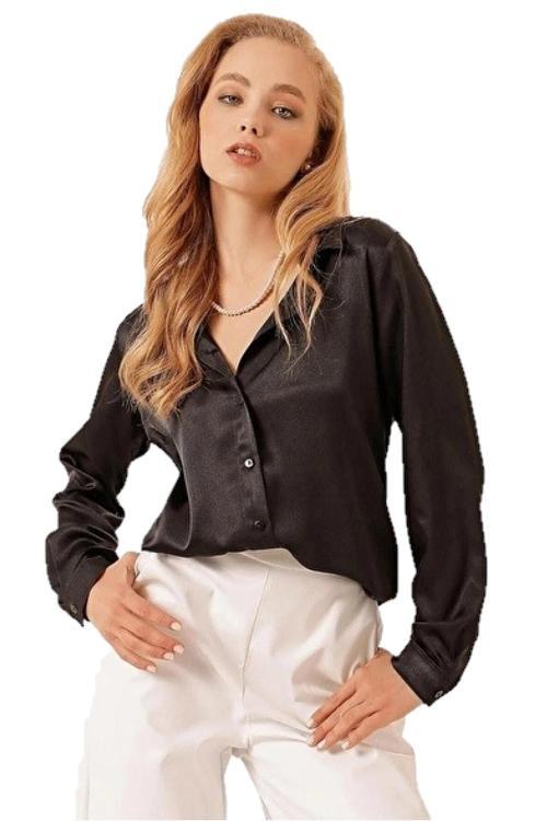 Kadın Siyah Saten Gömlek Uzun Kol Dökümlü