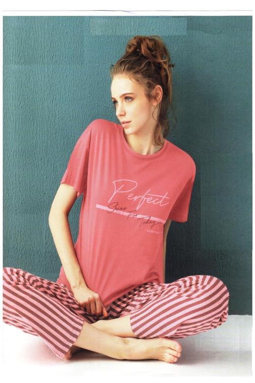 Kadın Viskon Pudra Kısa Kol Pijama Takımı