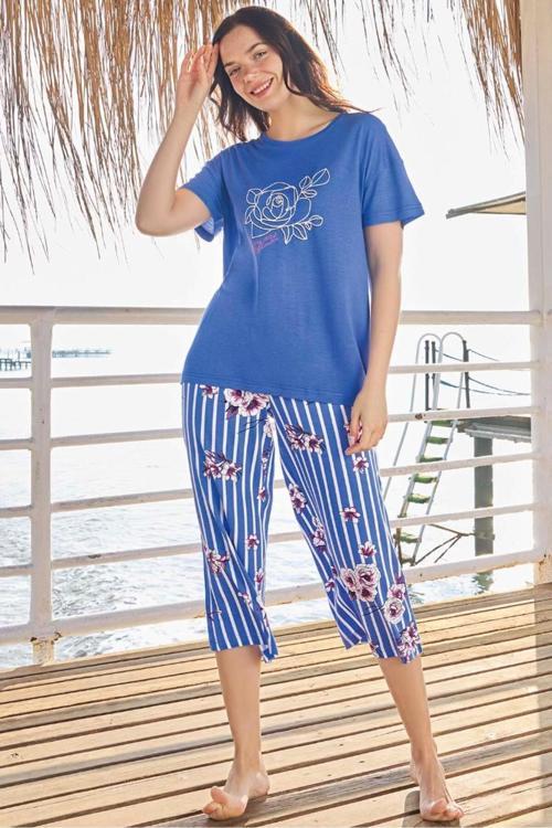 Kadın Kısa Kol Viskon Kapri Pijama Takımı