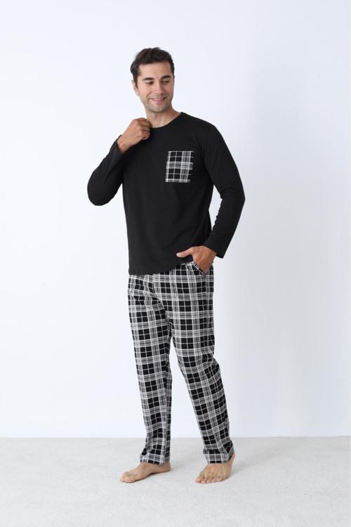 Erkek Pijama Takımı Büyük Beden Battal Uzun Kol Ekose Pamuklu Mevsimlik
