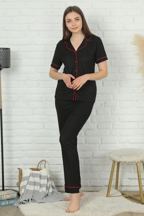 Kadın Kısa Kol Pijama Takımı Viskon Önden Düğmeli