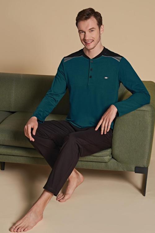 Erkek Pijama Takımı Uzun Kol Düğmeli Yaka