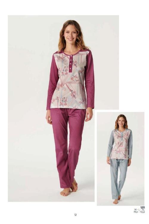 Kadın Uzun Kol Pijama Takımı Pamuklu Mevsimlik