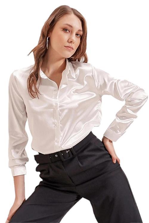 Kadın Beyaz Saten Gömlek Uzun Kol Dökümlü