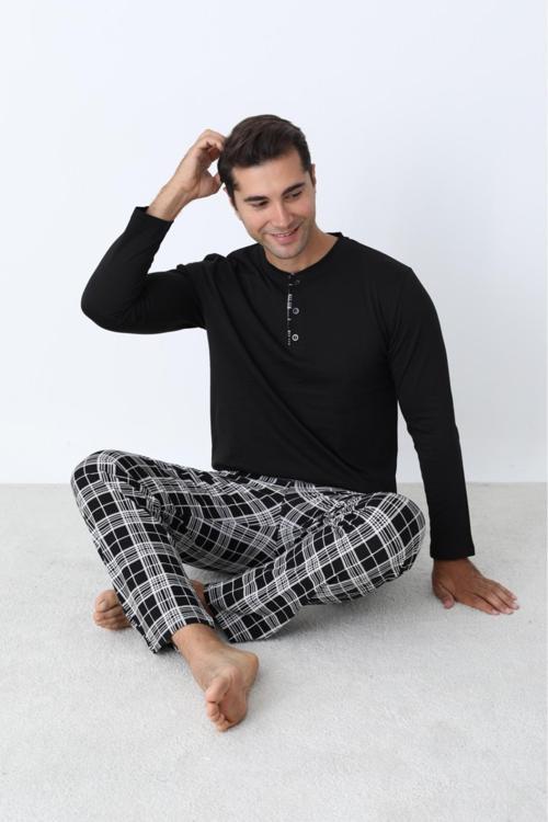 Erkek Pijama Takımı Büyük Beden Battal Uzun Kol Ekose Pamuklu Mevsimlik