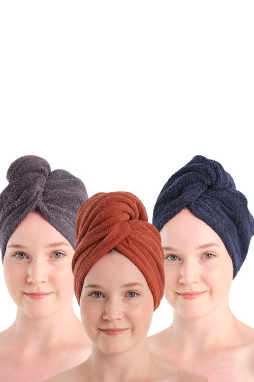  %100 Pamuk Antrasit-Kiremit-Lacivert Havlu Bone Saç Kurutma Bonesi Kafa Havlusu Duş Banyo Bonesi Islak Saç Kur