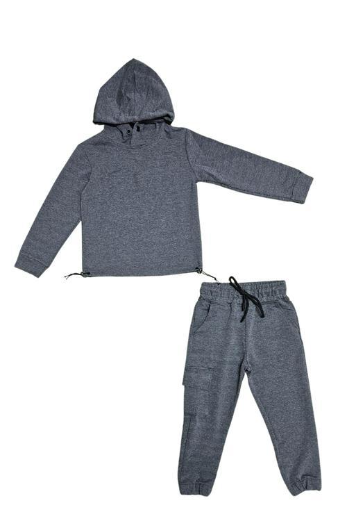Kapşonlu Beli Lastik Detaylı Kız Çocuk Günlük Eşofman Takımı 2 İplik MNK0665 ANTRASİT