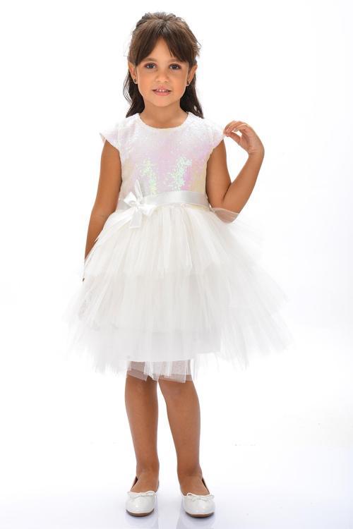 Mnk Kız Çocuk Pullu Tüllü Parti Elbisesi BEYAZ