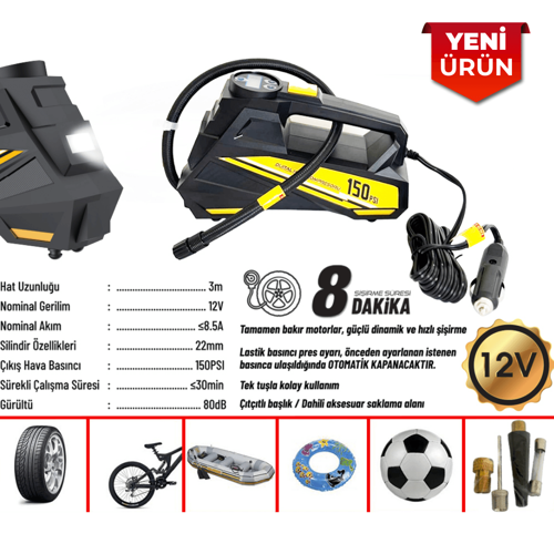 12V Dijital Göstergeli Hava Kompresörü - 150 PSI Aydınlatmalı Akıllı Pompa BR 2491332