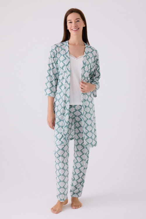 Kadın Sabahlıklı Uzun Kol İp Askılı V Yaka 3'lü Pijama Takım