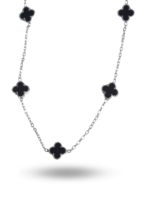 Zarif Kadın için Silver Çelik Mini Siyah Mineli Yonca Kolye