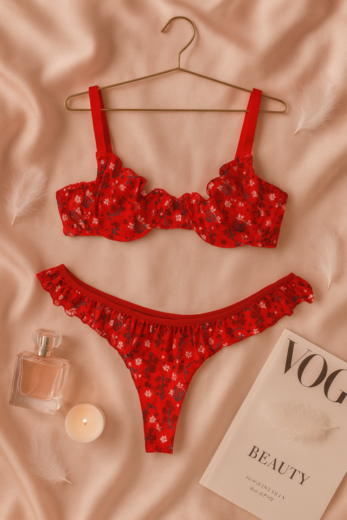 Kırmızı Çiçek Desenli Fırfırlı Tül Sütyen Külot Takımı